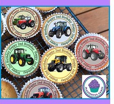 24 TRACTOR DESIGN 2ND BIRTHDAY CUPCAKE TOPPERS WAFER PAPER, ICING PRE-CUT OPTION