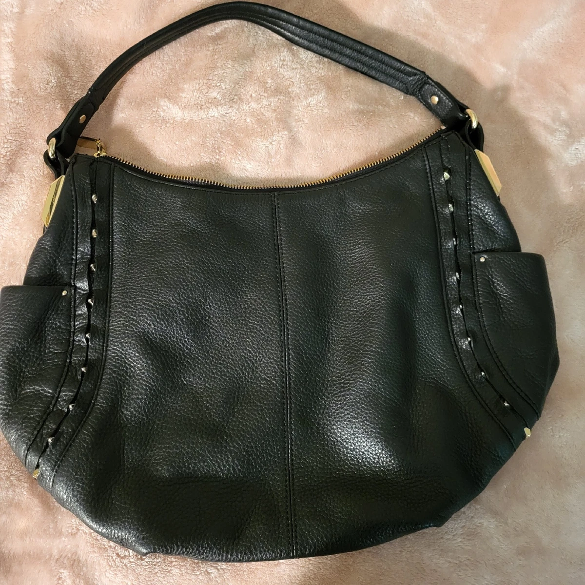 Vince Camuto Black 100 Leather Hobo Handbag Gold Tone Studded Slouchy As Is
