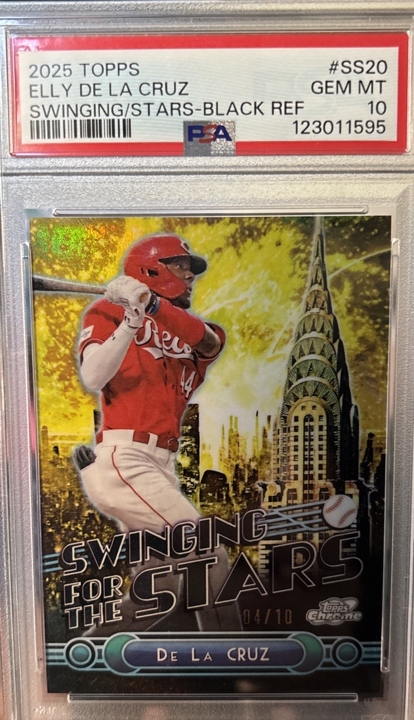 2025 Topps Elly De La Cruz /10 Swinging For The Stars Black Refractor Psa 10
