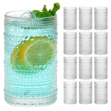 Moretoes Hobnail Drinking Glasses Set of 12,12 Oz Highball Glasses Clear Embo...