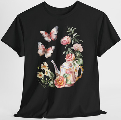 Pink Roses Floral Tea Set Butterfly Graphic Tee Shirt Top S-XL, Plus 2X 3X 4X 5X