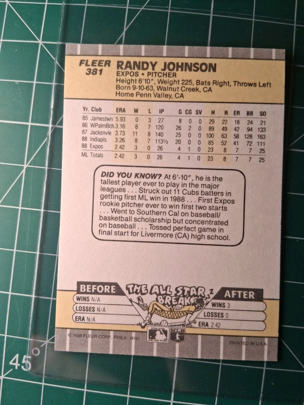 1989 FLEER Randy Johnson Rookie  Baseball Card #381 Autograph view 7