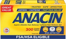 Anacin Fast Pain Relief, Aspirin + Caffeine Pain Reliever, 300 coated tablets