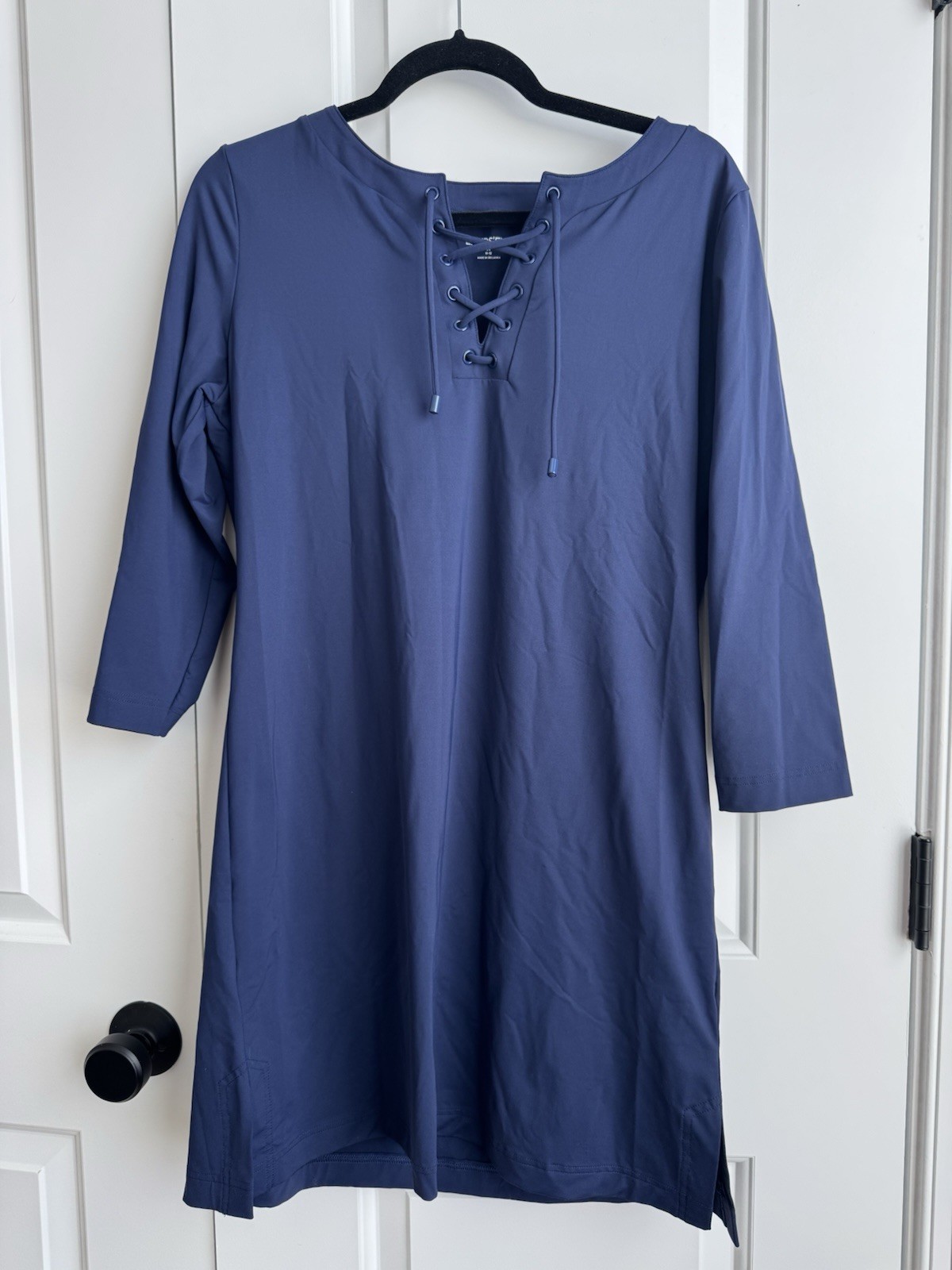 Lands' End Womens Medium 10-12 Swim Cover Up Dress Navy Blue Lace Up Long Sleeve