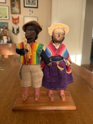 Vintage Peruvian Folk Art Dolls Pair Handcrafted Andean Highland Textile Figures