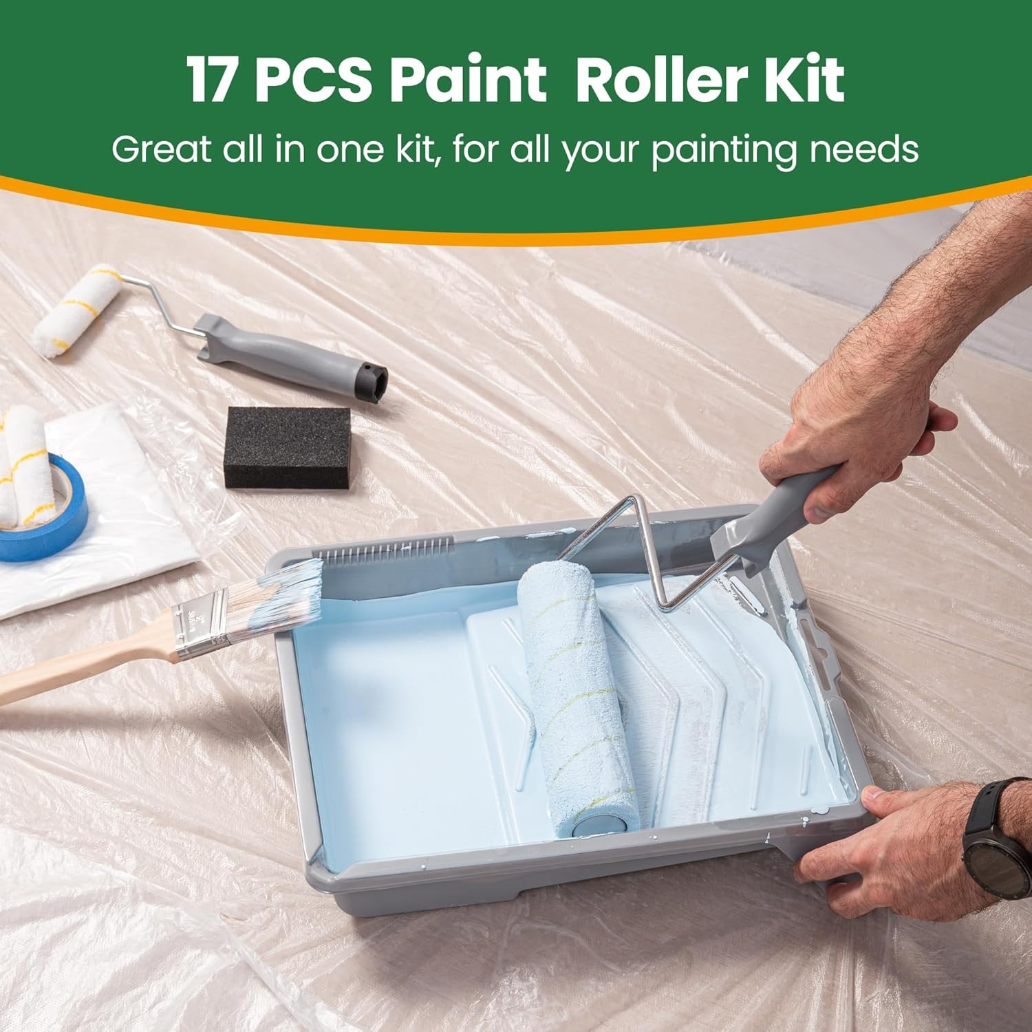 17 Piece Paint Roller Kit with 9 and 4 Inch Rollers Trays and Brushes for House