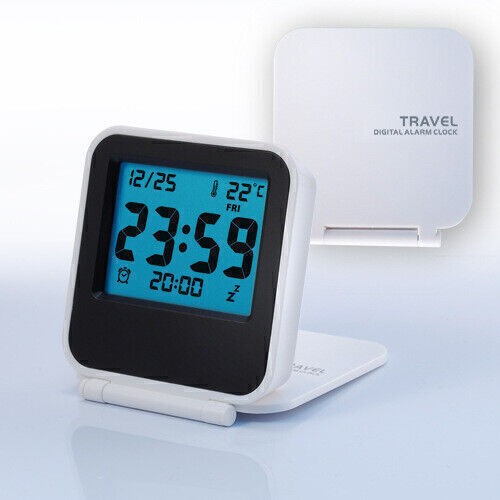 Backlit Folding Travel Clock Date Temperature Display LCD Digital Alarm Clock