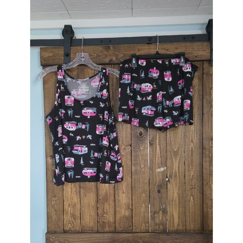 Women's Black Pink Camper-Print Tank Top & Shorts Pajama Set