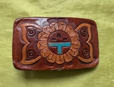 Vintage Zuni Indian Sun Face Tooled Leather Belt Buckle
