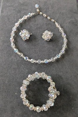Vintage 1950s Aurora Borealis Crystal Jewelry Set - Necklace, Bracelet, Earrings