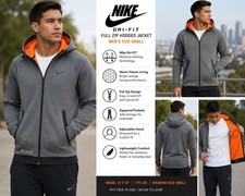 Nike Dri-FIT Men  s Small Gray Full Zip Hooded Jacket Orange Fleece Lined Hoodie