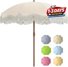 7FT Patio Umbrella with Fringe, Outdoor Tassel Umbrella with Fiberglass Ribs, Bo
