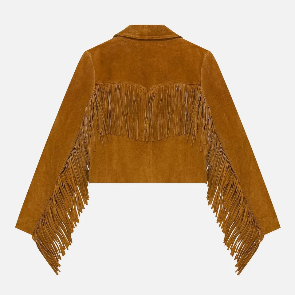 Chaqueta corta vintage Boho Western marrón gamuza genuina cuero flecos botón pequeña Foto 3 de 4