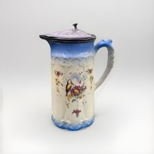 Antique Victorian Pewter Topped Stoneware Water or Syrup Jug Floral Bird Design