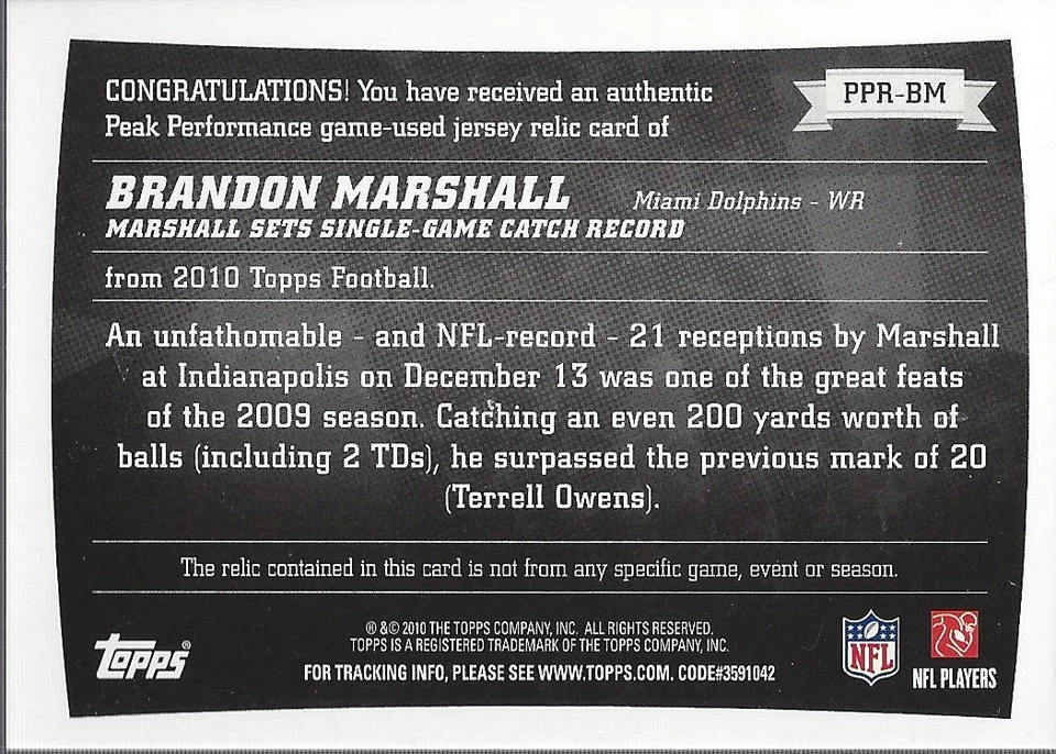 2010 Topps Peak Performance Relics Brandon Marshall Jersey FB - Image 2 of 2