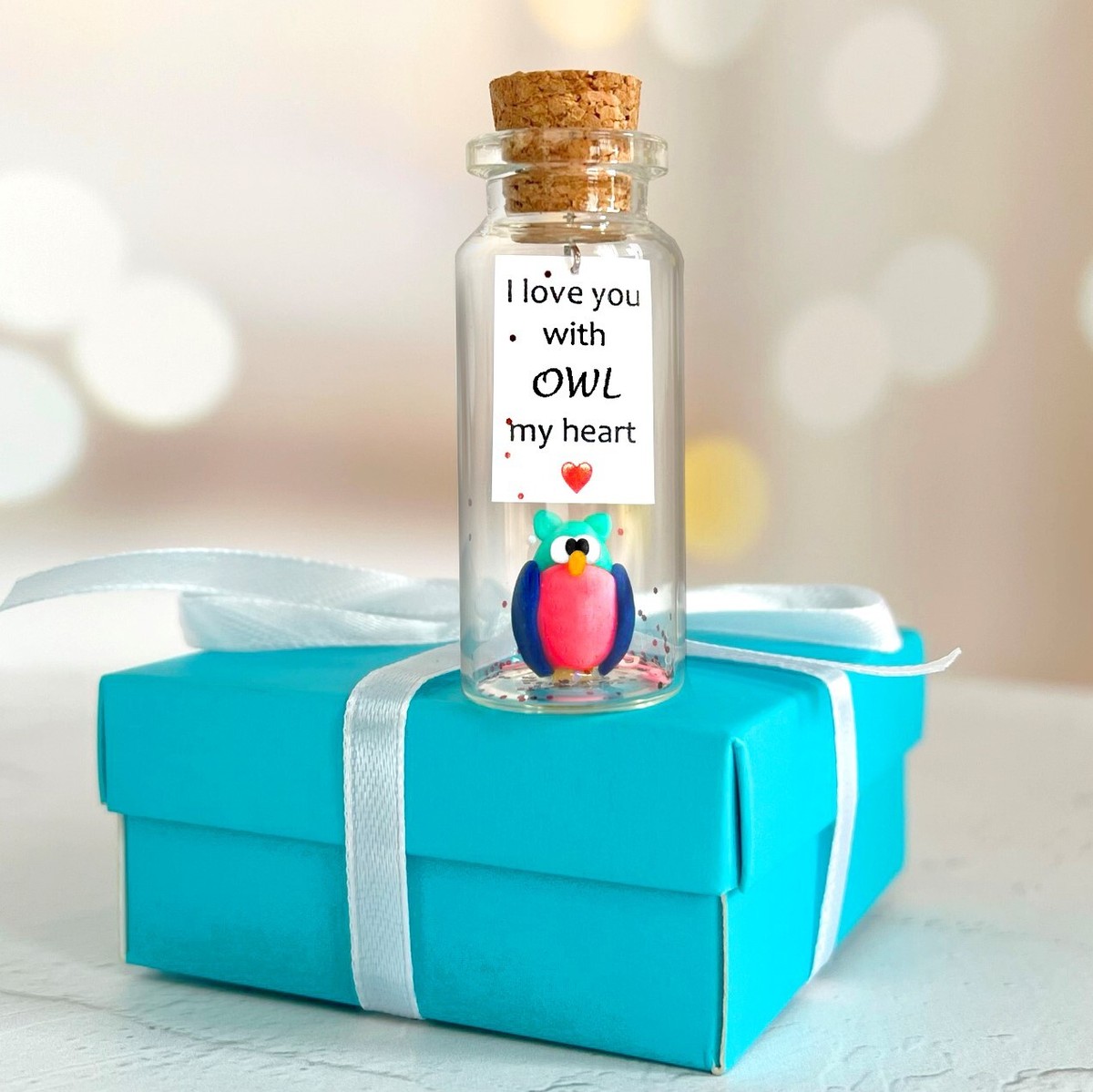 Cute Kawaii Owl With Romantic Message In A Bottle Anniversary Gift For Her