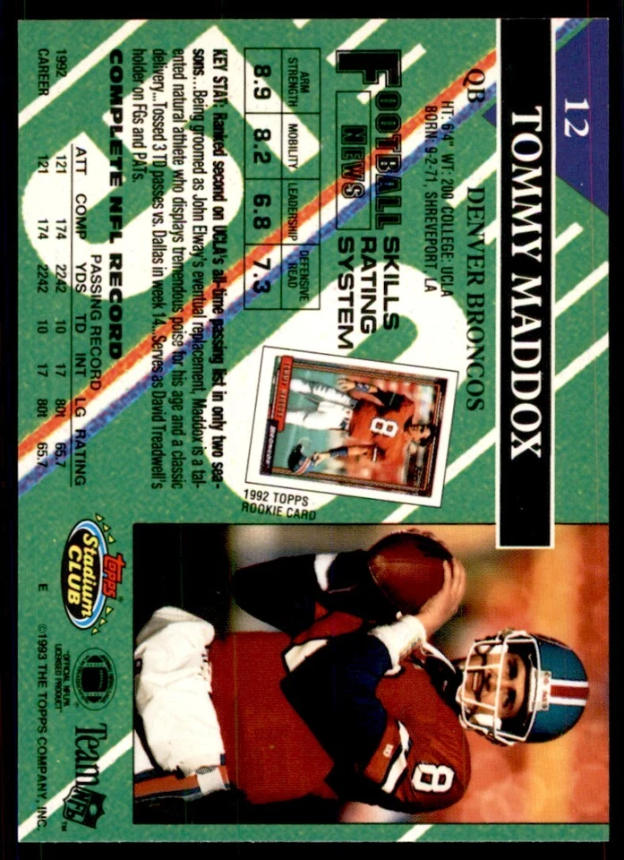 1993 STADIUM CLUB. TOMMY MADDOX DENVER BRONCOS #12 - Image 2 of 2