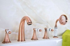 5Pc Red Copper Bathroom Faucet Set Roman Bathtub Handheld Shower Taps Kit 2tf207