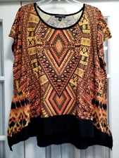 Signature Studio Size 2X Orange Yellow Tribal Womens Short Sleeve Tunic Blouse