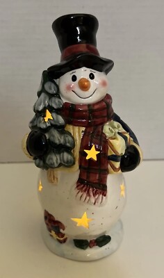 Snowman With Tree & Present Figurine Statue Votive Holder Blackwood