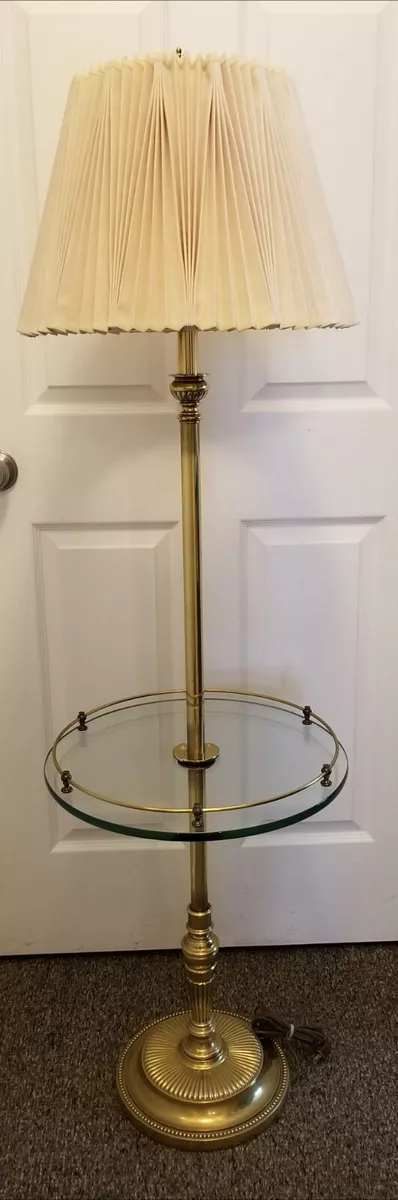 HTF STIFFEL BRASS FLOOR LAMP MCM 3-WAY LIGHT GLASS & BRASS TABLE, Original  Shade