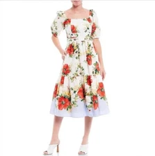 Vince Camuto Floral Dress Size 0 Multicolor Square Neck Puff Sleeve Tiered New