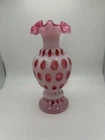 Vintage Fenton Pink / Cranberry / White Glass Coin Dot 6 1/2” Ruffled Vase