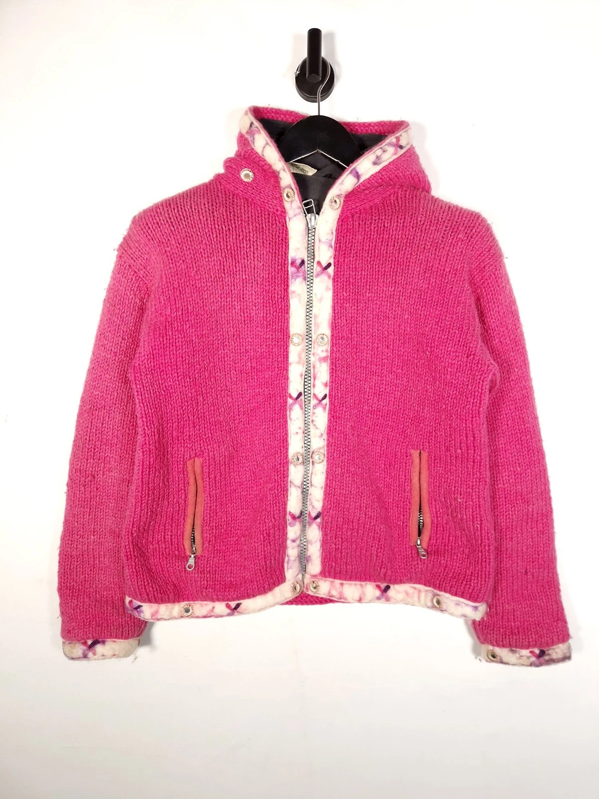 Pachamama Jacket Size Large Pink Handknit Wool Fleece Lined Hooded Cardigan