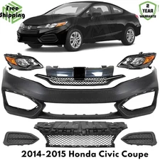 Front Bumper Cover Fascia & Grille Assembly Kit For 2014-2015 Honda Civic Coupe