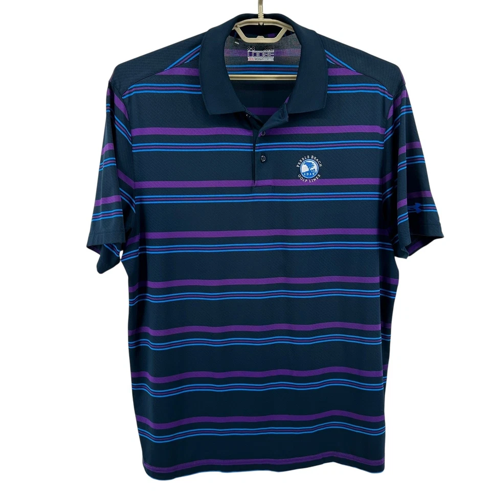 Camisa Polo Under Armour Para Hombres XL Azul Marino Púrpura Guijarro Playa Eslabones de Golf Logo Rayas Foto 2 de 4