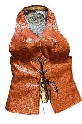Musera Women's Brown Faux Leather Lace Up Halter Top Size XS Adjustable Biker