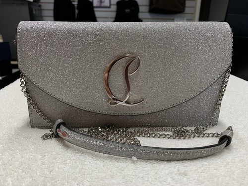 Christian Louboutin Loubi54 Silver Metallic Glitter Chain Clutch Bag