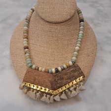 Boho Statement Necklace Natural Stone Beads Wood Bark Tassel Piece Boho Tribal