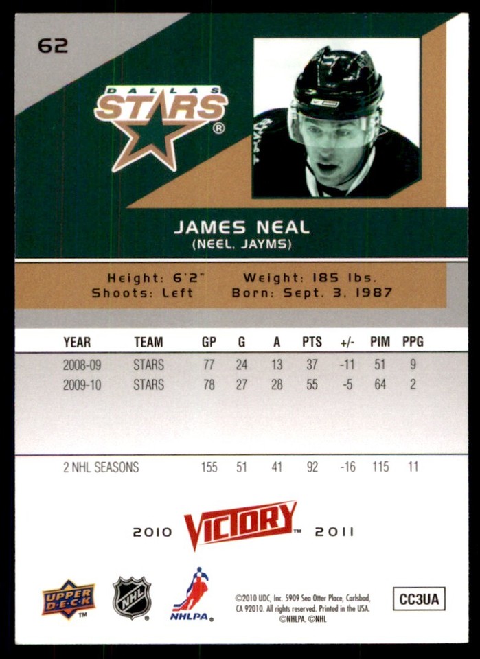 201011 Upper Deck Victory James Neal Dallas Stars 62 LP eBay