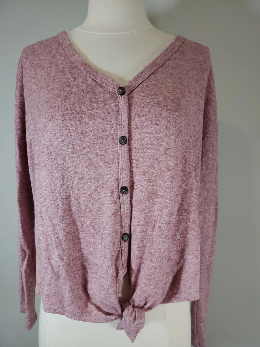 Caution To The Wind Womans Size M Button and Tie Front Sweater Long Sleeve Pink