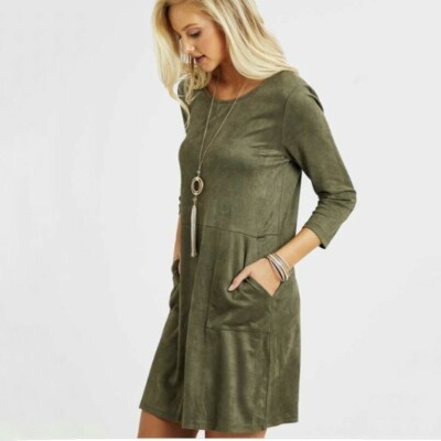 Altar'd State Vegan Suede Shift Dress Womens Small Olive Green Stretch  Short | eBay