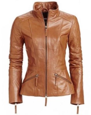 Womens Leather Motorcycle Jacket Genuine Lambskin Slim Fit Tan Biker Coat- 406