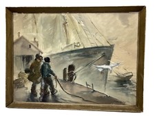 Mattie Lietz Signed Original Watercolor Painting Fishermen Boats Ocean 30”x 22”