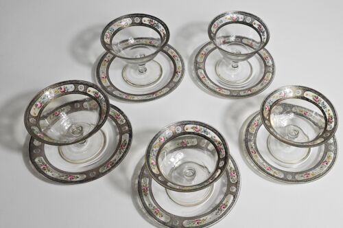 Antique Clear Glass hand Painted silver overlay Set of 10 pcs dessert dishes - Picture 3 of 19