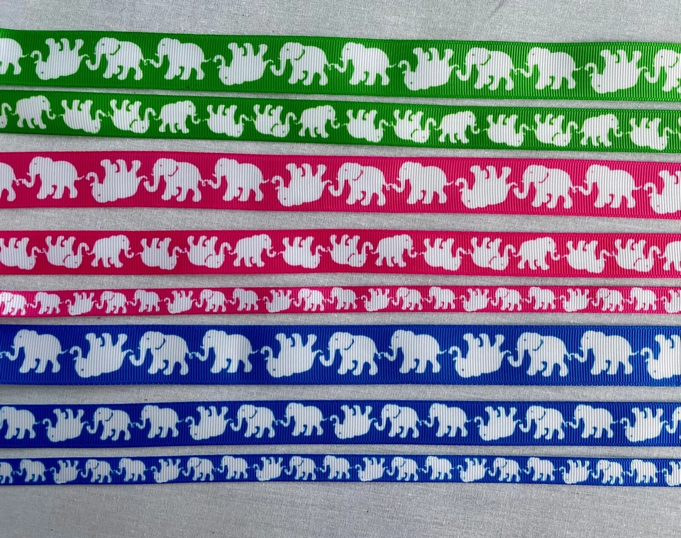 White elephant on Green Pink Blue grosgrain ribbon BTY 7/8” 5/8" 3/8" 1.5" - Image 2 of 4