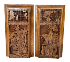 Vintage NAUTICAL-THEMED SOLID WALNUT BOOKENDS Sailing Ship & Map, LaserCraft USA