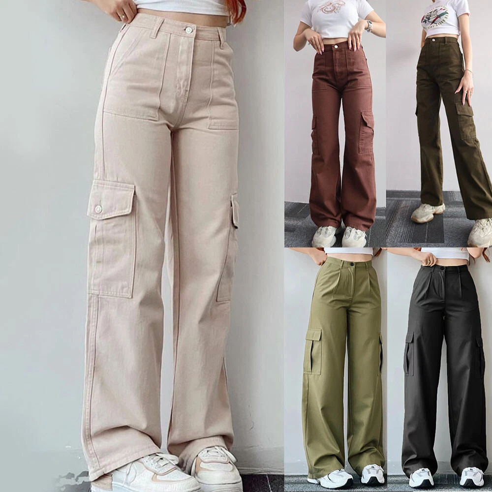 Women Cargo Pants High Waist Palazzo Pant Ladies Sport Casual Wide Leg  Trousers