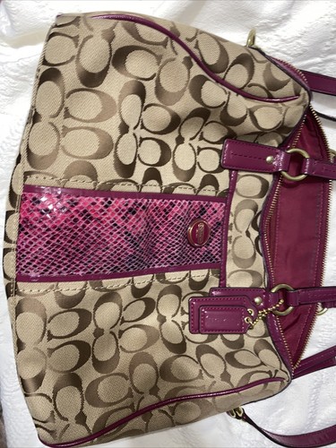 Coach F24884 Signature Stripe Python Snake Zip Satchel Khaki/Raspberry - Picture 2 of 8