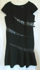 Le Bos Black Sequin Striped Textured Cap Sleeve Knee Length Dress Size 18 NWT