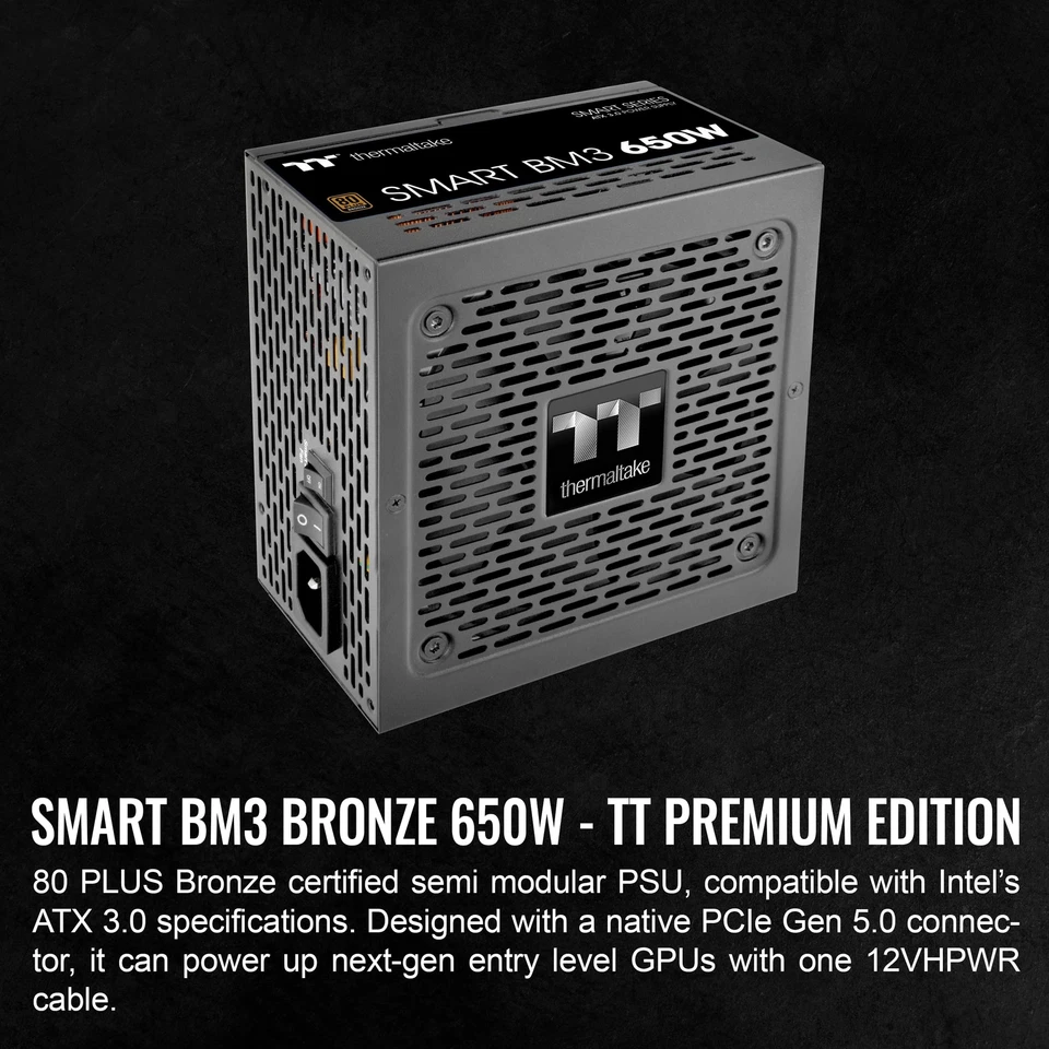 650W 80 Plus Bronze PSU ATX 3.0 PCIe Gen 5 Smart Zero Fan 120mm FDB Black - Image 2 of 4