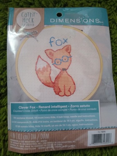 NEW SEALED Dimensions Cathy Heck Studio CLEVER FOX Cross Stitch Kit 4” diam.