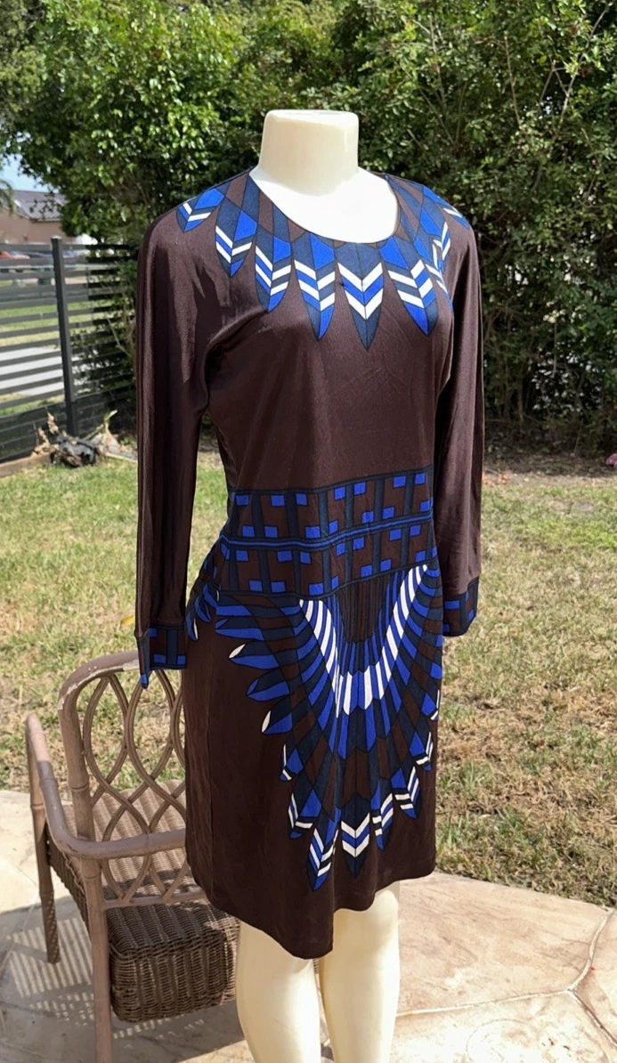 TORY BURCH ABITO CASUAL MARRONE MULTICOLORE STAMPA SETA MANICA LUNGA Tg L