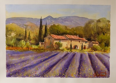 Large original watercolor painting signed by renowned artist - Provence - 30x22