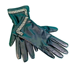 Woman's Black soft Leather Gloves size 6/S knit lined Black with silver chain