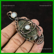 Moss Prehnite Stone Rainbow Moonstone Evil Eye And Wire Wrapped Pendant Copper